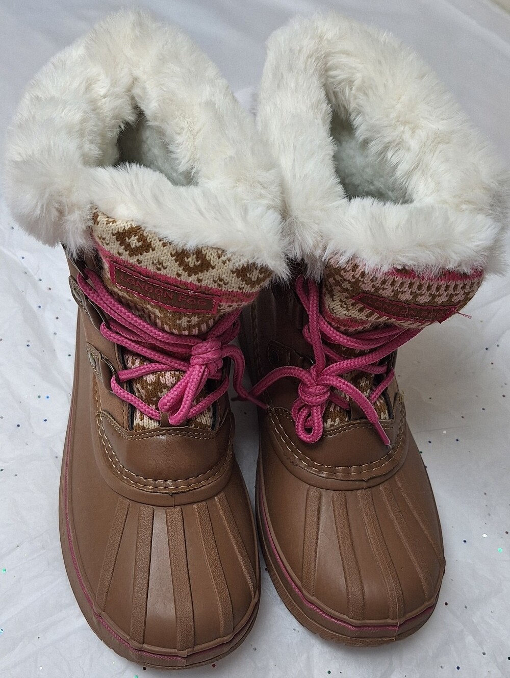 London Fog Brown & Pink Faux Fur Winter Boots Size 4 Girls